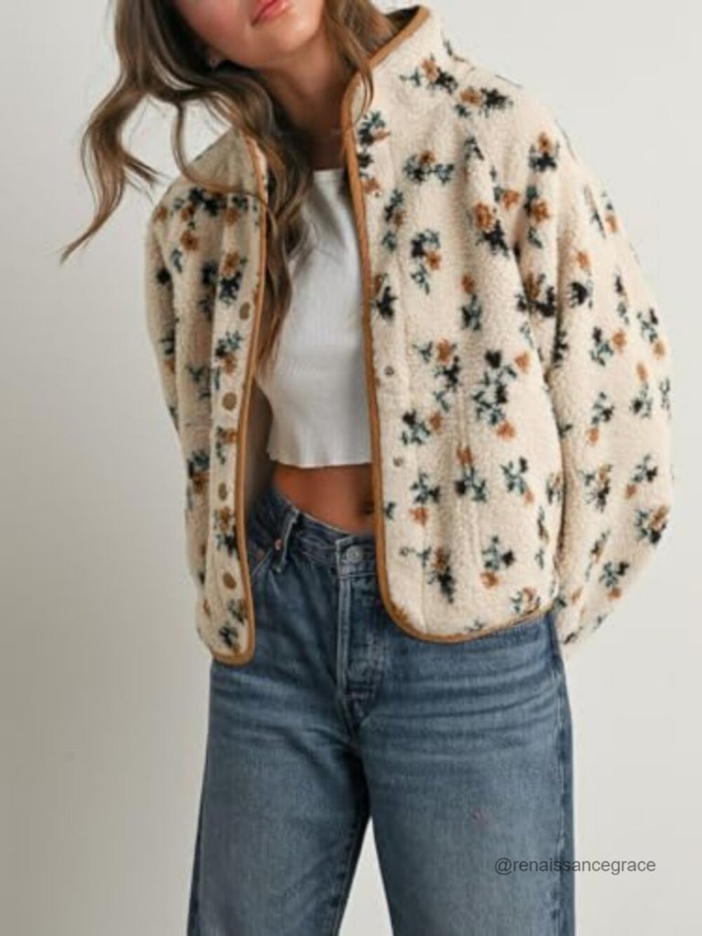 Women's Floral Print Fleece Jacket Snap Button Winter Teddy Cozy Casual - Picture 5 of 7